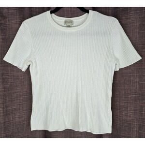 Vtg Y2K Women M Ribbed Knit Top White Short Sleeve Sweater Cable Boho Cottage 90